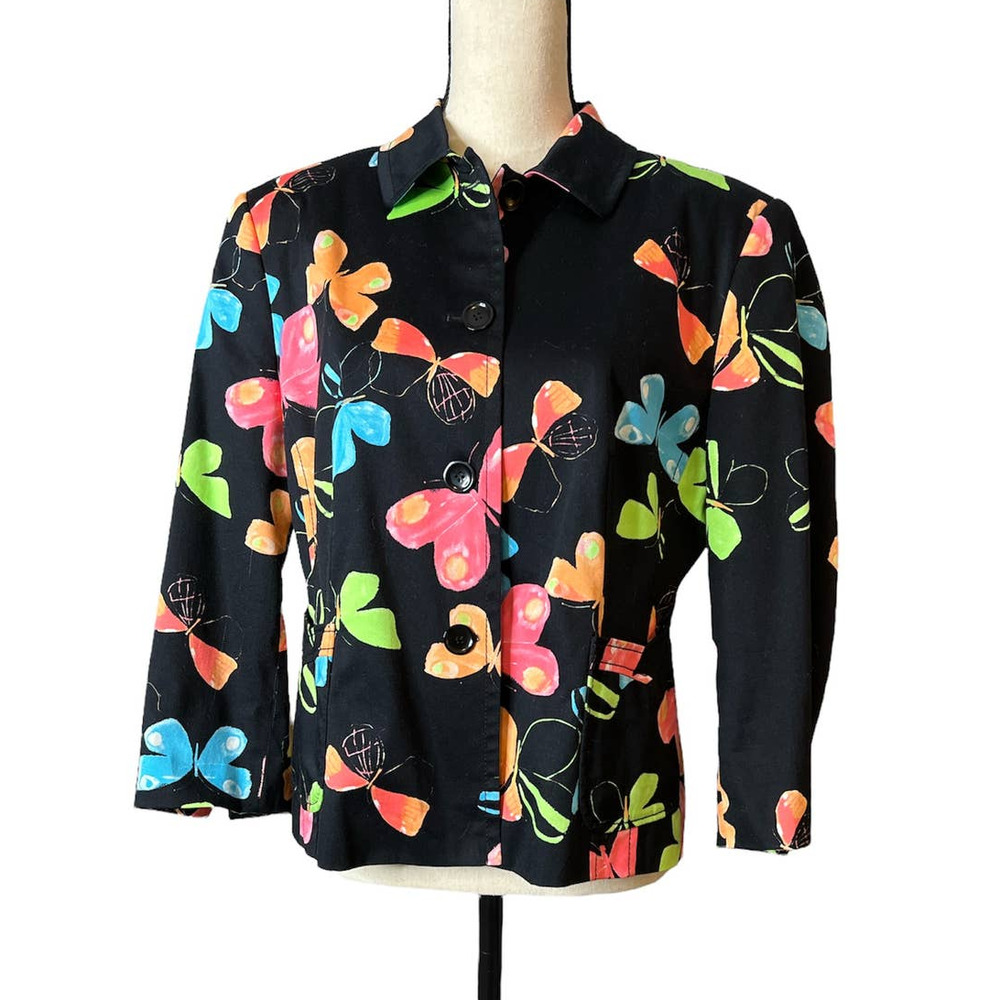 Apriori Short Black Jacket with Multicolored Butterflies, Size 12